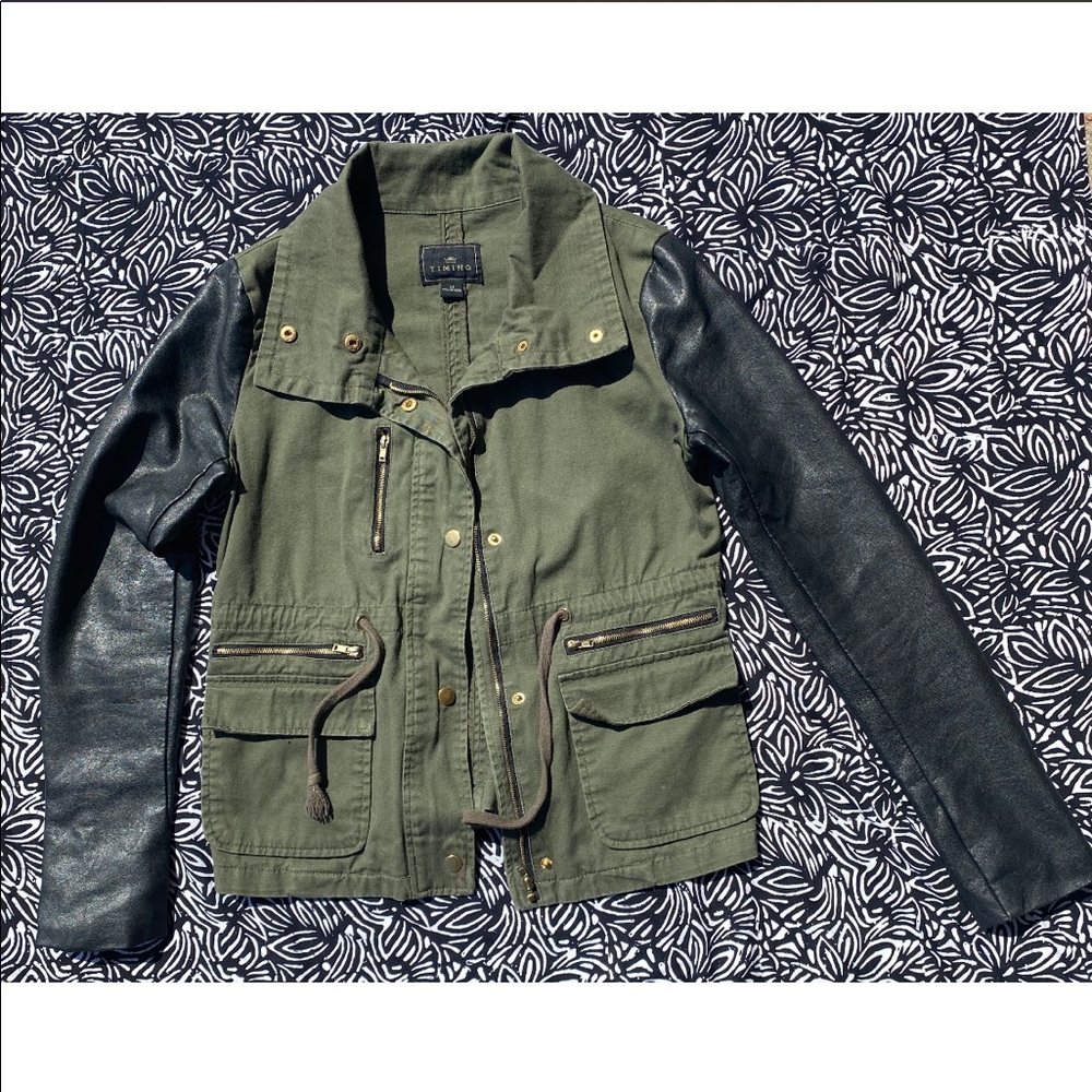 Olive green and black leather jacket